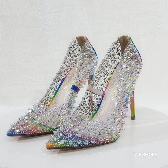 Spicy Stiletto PVC Clear Pumps Rainbow Colorful Studs & Rhinestone Pumps Hi… - Picture 9 of 14